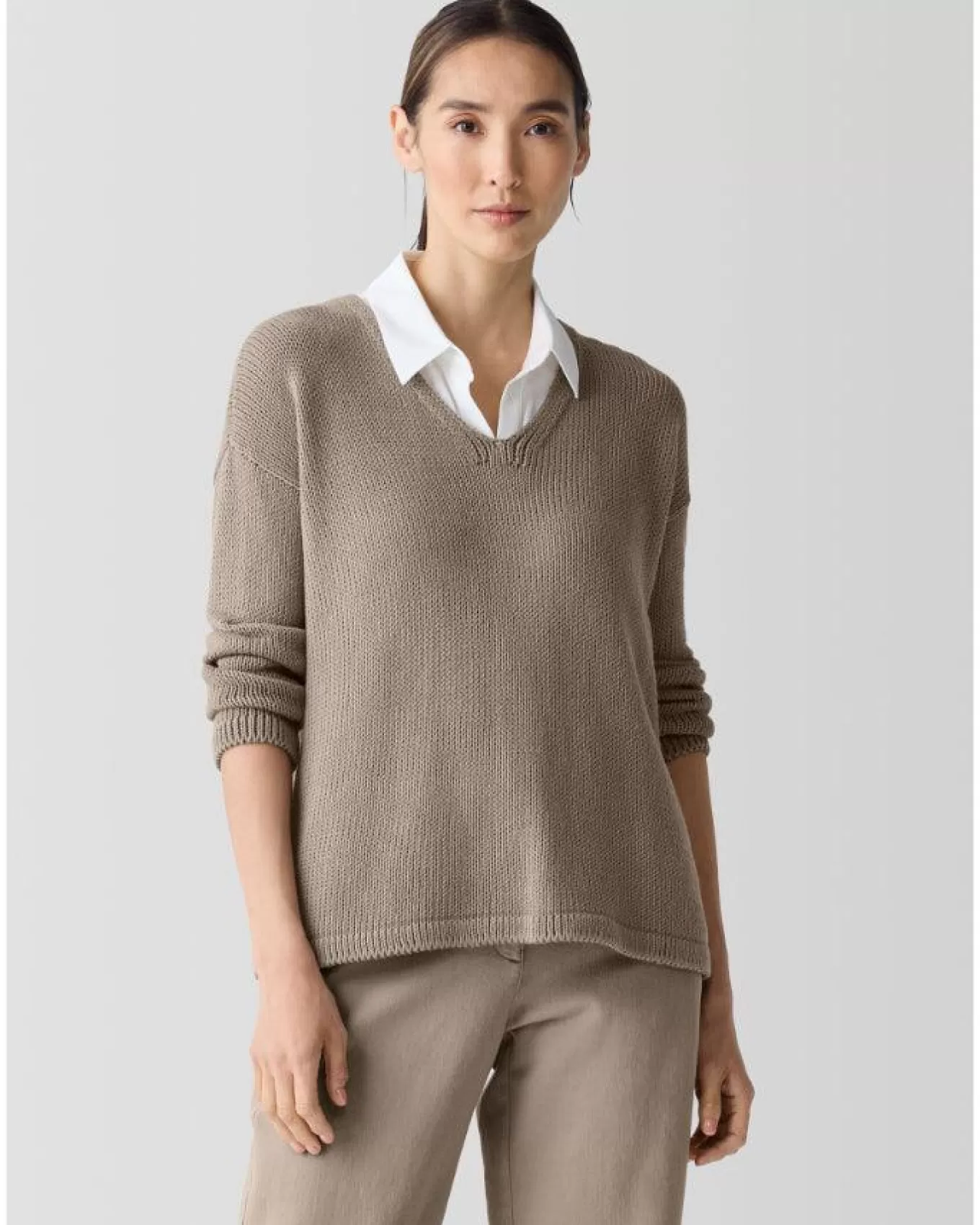 Peruvian Organic Cotton Cord Jersey V-Neck Sweater<Eileen Fisher Clearance