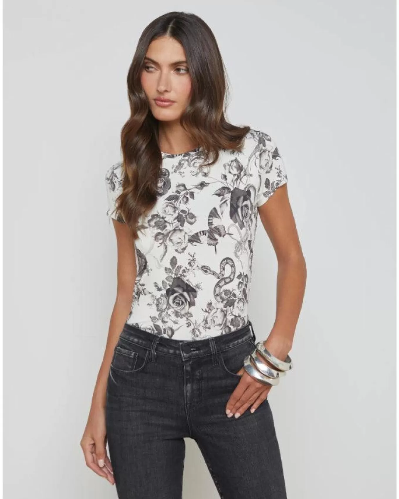 Resse Ivory Black Baroque Floral Tee<L'Agence New