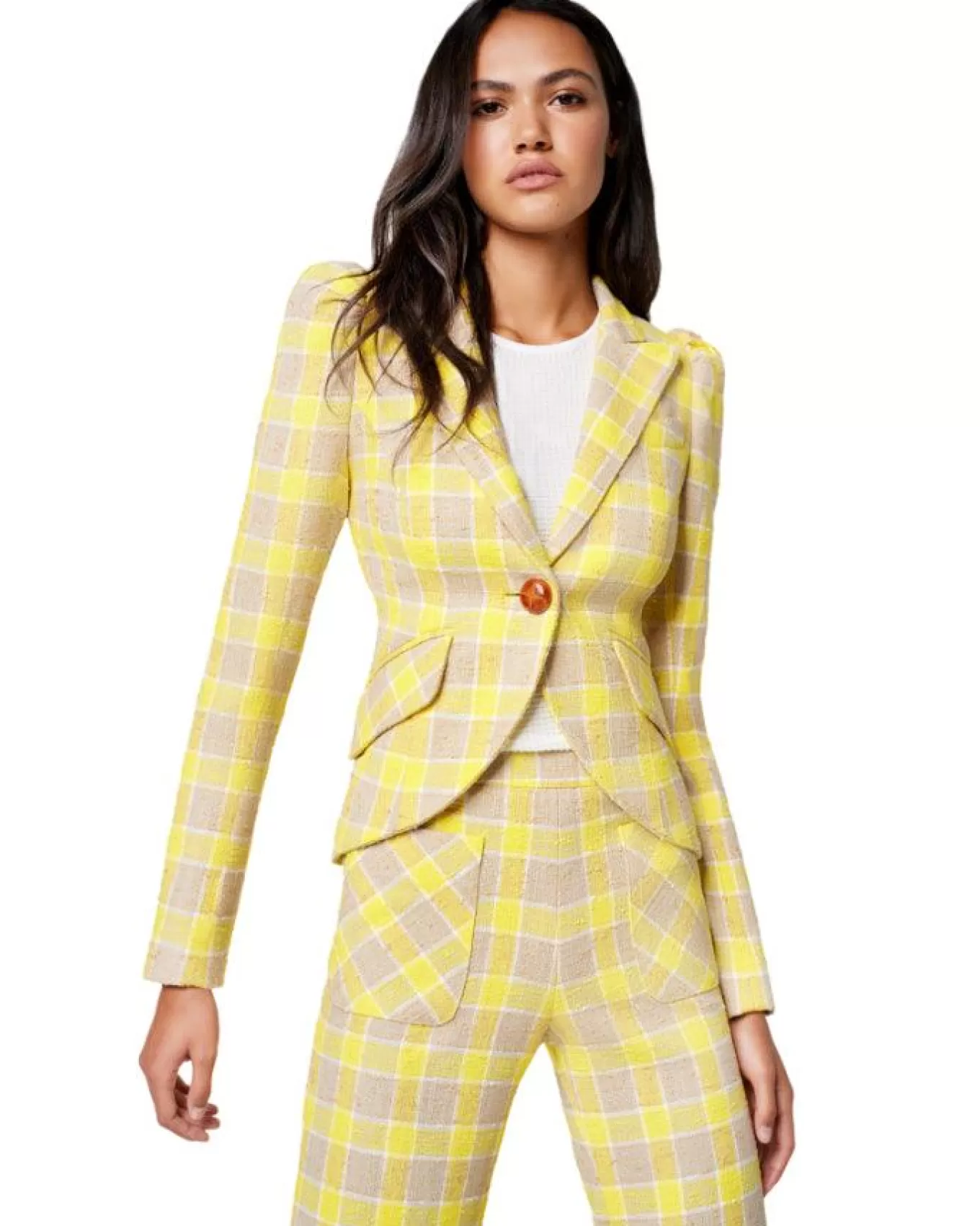 Pouf Sleeve One Button Blazer Yellow Check<Smythe Flash Sale